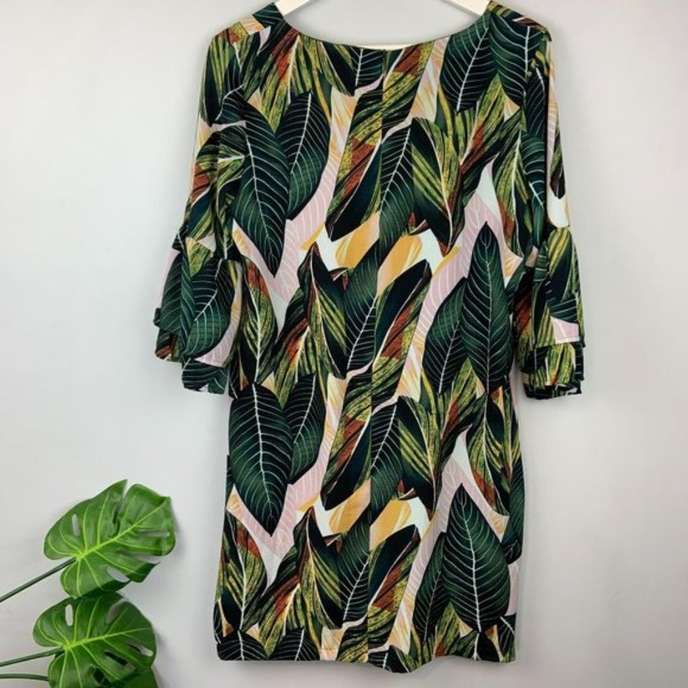 Belongsci Bell Sleeve Palm Leaf Print Shift Dress - Picture 4 of 8